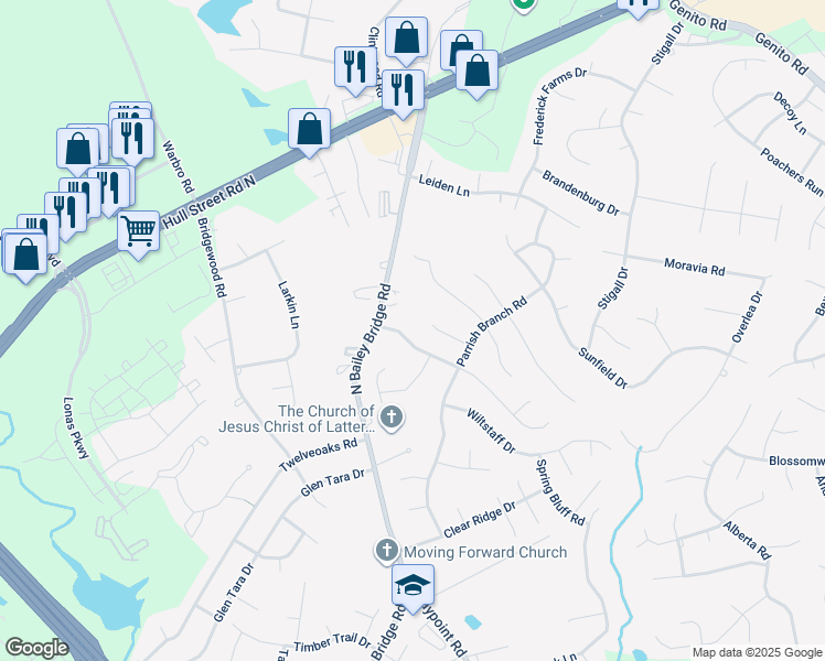 map of restaurants, bars, coffee shops, grocery stores, and more near 11718 Bailey Woods Drive in Midlothian