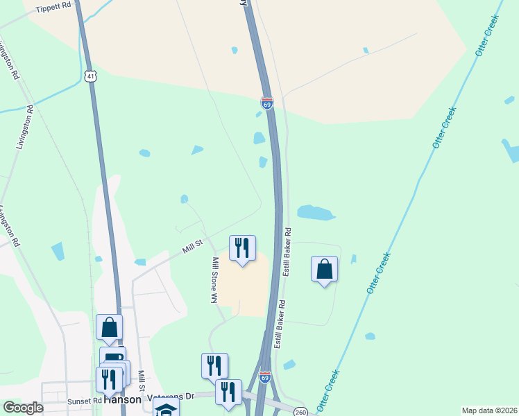 map of restaurants, bars, coffee shops, grocery stores, and more near 801 Mill Street in Hanson