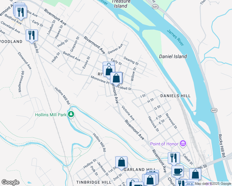 map of restaurants, bars, coffee shops, grocery stores, and more near 683 Byrd Street in Lynchburg