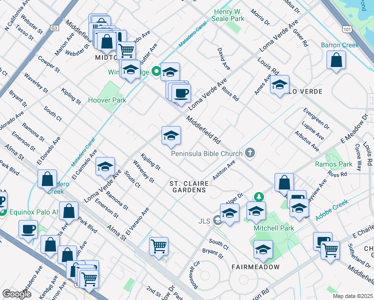 map of restaurants, bars, coffee shops, grocery stores, and more near 567 Saint Claire Drive in Palo Alto