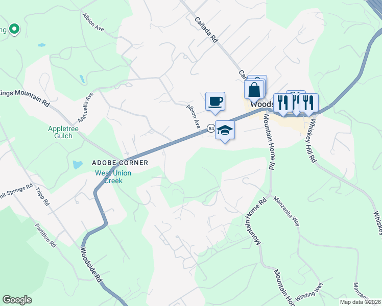 map of restaurants, bars, coffee shops, grocery stores, and more near 125 Fox Hollow Road in Woodside