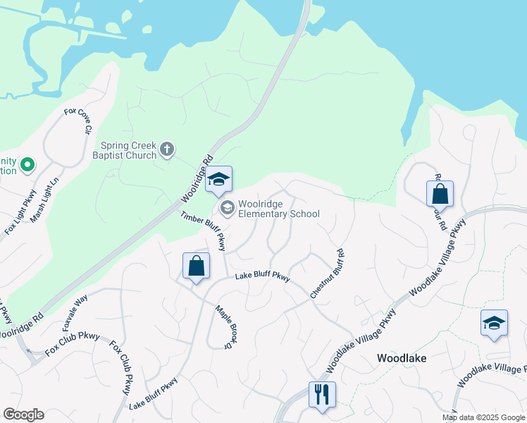 map of restaurants, bars, coffee shops, grocery stores, and more near 5401 Highberry Woods Road in Midlothian