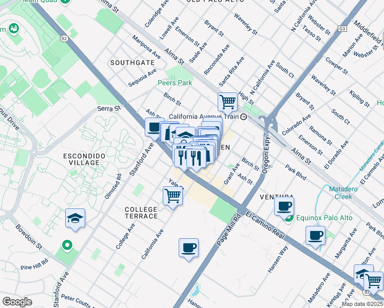 map of restaurants, bars, coffee shops, grocery stores, and more near 450 Cambridge Avenue in Palo Alto