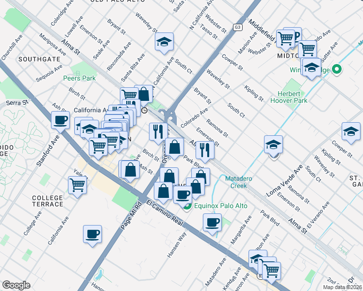 map of restaurants, bars, coffee shops, grocery stores, and more near 2865 Park Boulevard in Palo Alto