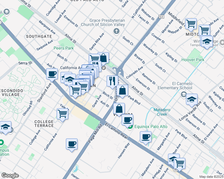 map of restaurants, bars, coffee shops, grocery stores, and more near 261 Sheridan Avenue in Palo Alto