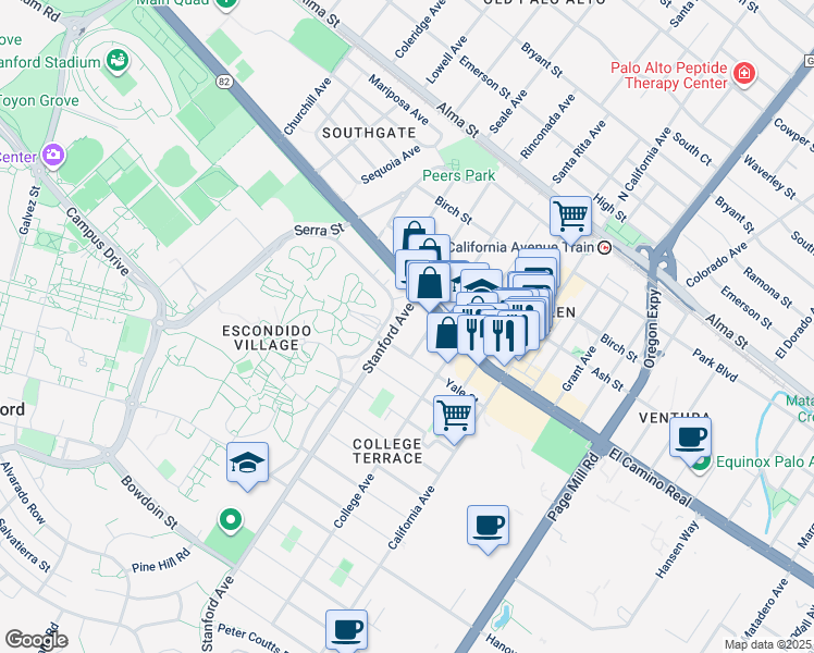 map of restaurants, bars, coffee shops, grocery stores, and more near 555 Stanford Avenue in Palo Alto