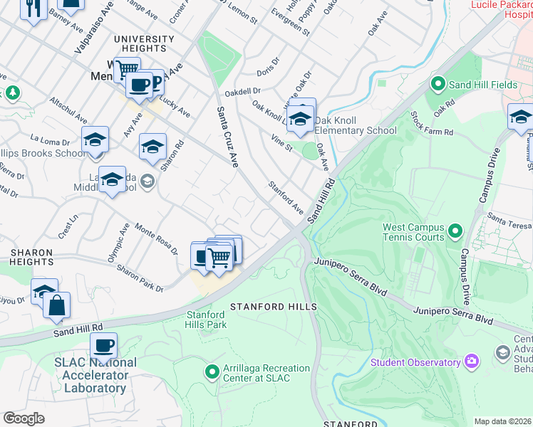 map of restaurants, bars, coffee shops, grocery stores, and more near 2140 Santa Cruz Avenue in Menlo Park