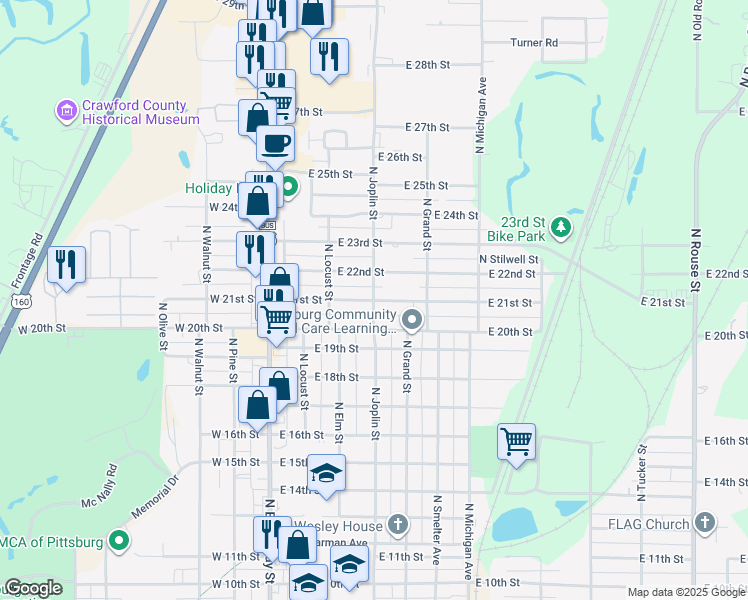 map of restaurants, bars, coffee shops, grocery stores, and more near 400 East 21st Street in Pittsburg