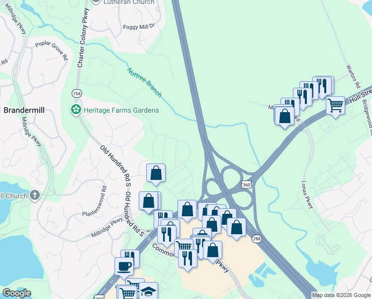 map of restaurants, bars, coffee shops, grocery stores, and more near 12700 Hull Street Road in Midlothian