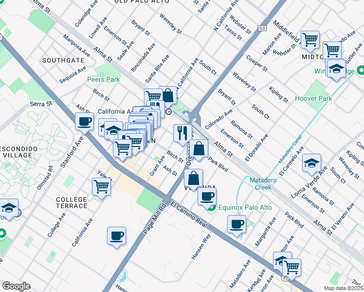 map of restaurants, bars, coffee shops, grocery stores, and more near 200 Sheridan Avenue in Palo Alto