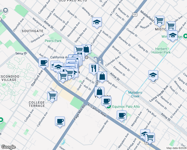map of restaurants, bars, coffee shops, grocery stores, and more near 200 Sheridan Avenue in Palo Alto