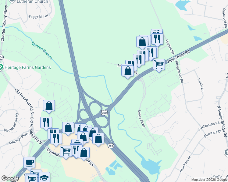 map of restaurants, bars, coffee shops, grocery stores, and more near 12520 Hull Street Road in Midlothian