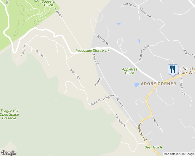 map of restaurants, bars, coffee shops, grocery stores, and more near 20 Tripp Court in Woodside