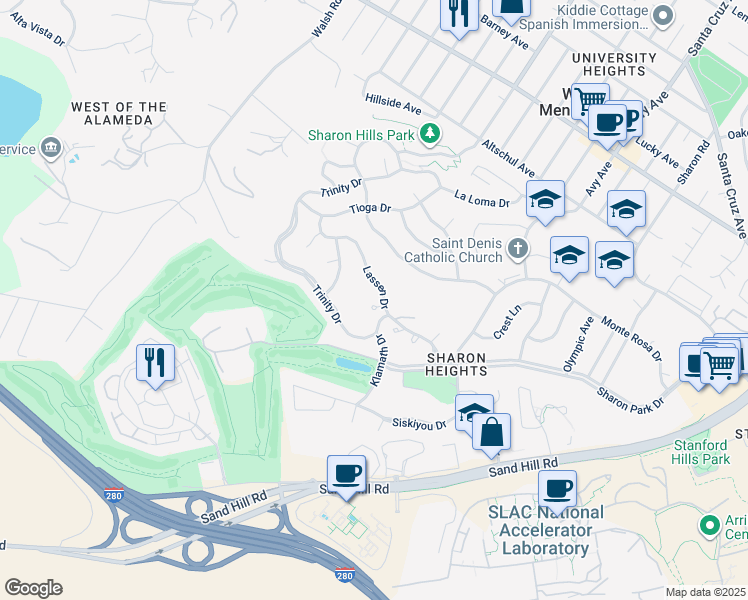 map of restaurants, bars, coffee shops, grocery stores, and more near 15 Carriage Court in Menlo Park