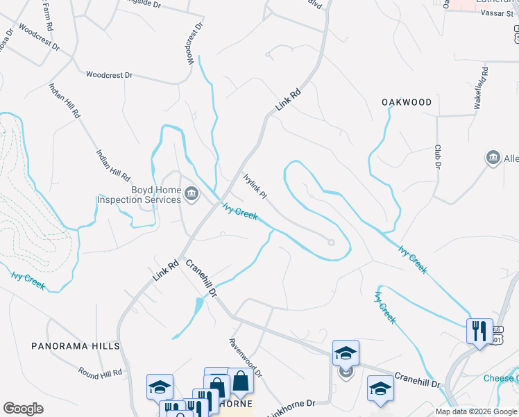 map of restaurants, bars, coffee shops, grocery stores, and more near 3451 Ivylink Place in Lynchburg