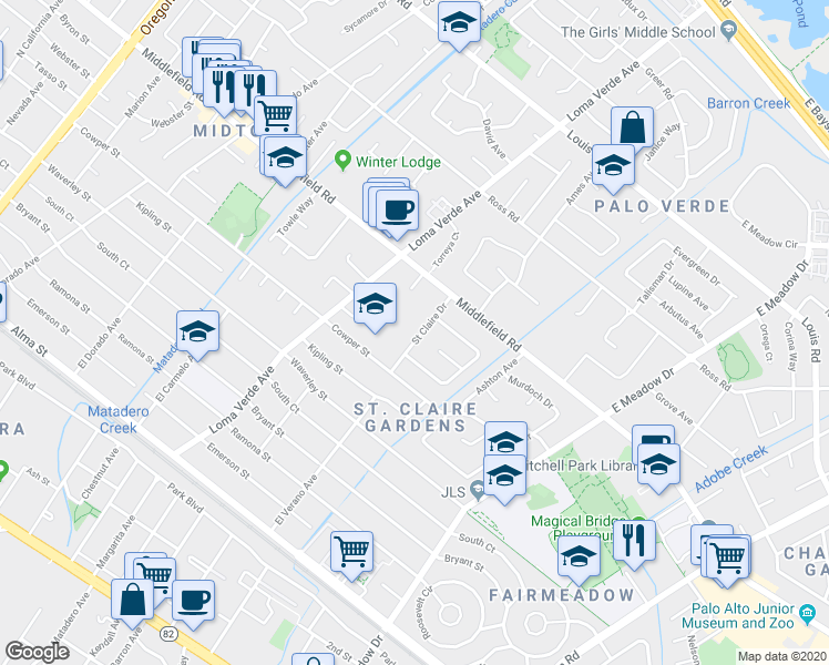 map of restaurants, bars, coffee shops, grocery stores, and more near 567 Saint Claire Drive in Palo Alto