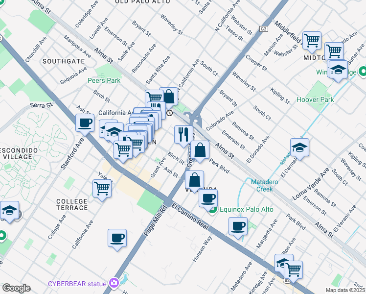 map of restaurants, bars, coffee shops, grocery stores, and more near 261 Sheridan Avenue in Palo Alto