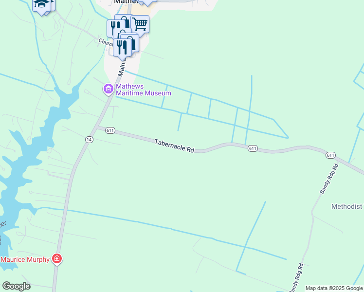 map of restaurants, bars, coffee shops, grocery stores, and more near Tabernacle Road in Mathews