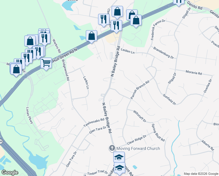 map of restaurants, bars, coffee shops, grocery stores, and more near 11742 Bailey Woods Drive in Midlothian