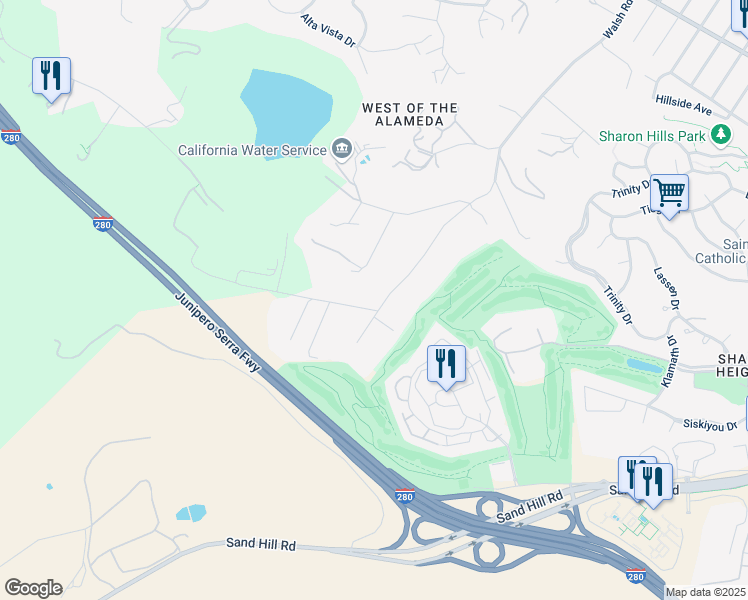 map of restaurants, bars, coffee shops, grocery stores, and more near 2 Valley Road in Atherton