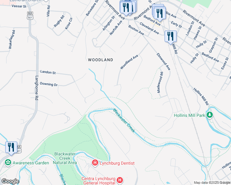 map of restaurants, bars, coffee shops, grocery stores, and more near 417 Randolph Place East in Lynchburg