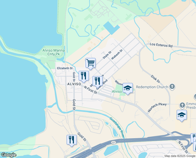 map of restaurants, bars, coffee shops, grocery stores, and more near in San Jose