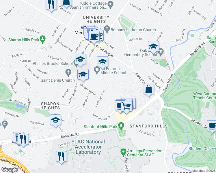map of restaurants, bars, coffee shops, grocery stores, and more near 21 Eastridge Avenue in Menlo Park