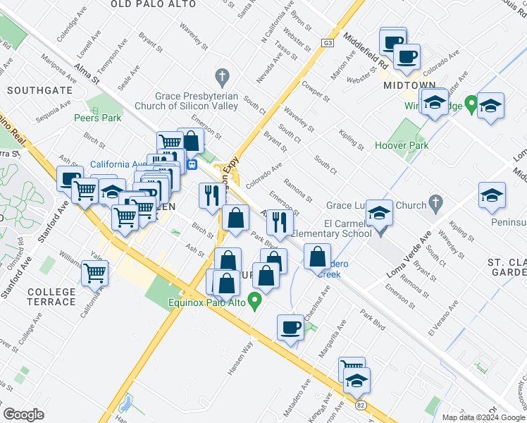 map of restaurants, bars, coffee shops, grocery stores, and more near 2599 Alma St in Palo Alto