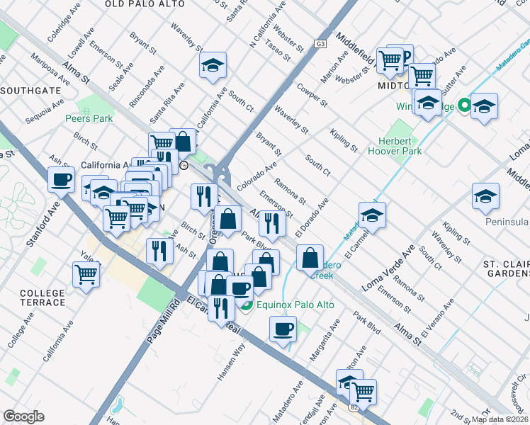 map of restaurants, bars, coffee shops, grocery stores, and more near 2901 Park Boulevard in Palo Alto