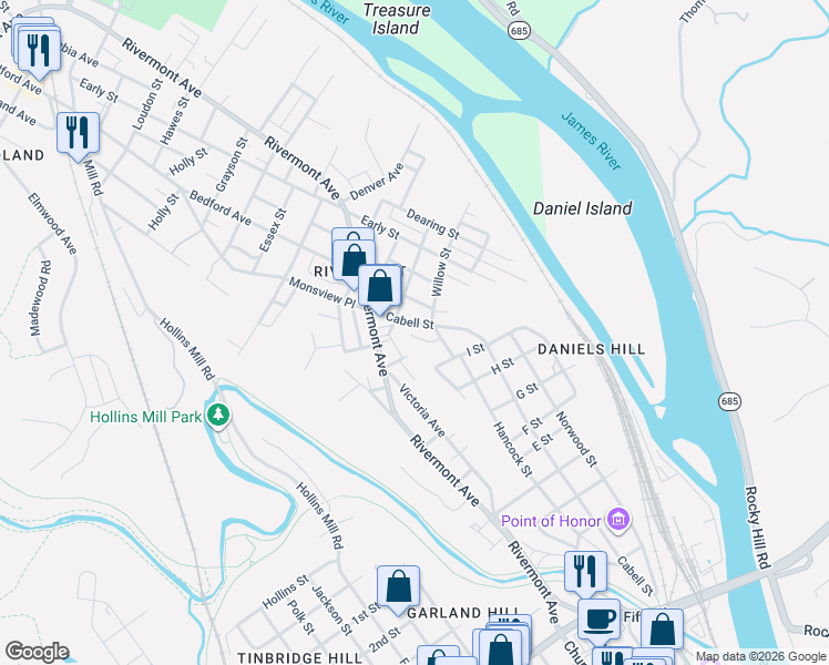 map of restaurants, bars, coffee shops, grocery stores, and more near 1006 Randolph Street in Lynchburg