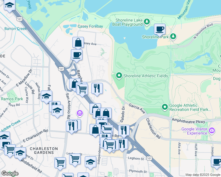 map of restaurants, bars, coffee shops, grocery stores, and more near 2525 Garcia Avenue in Mountain View