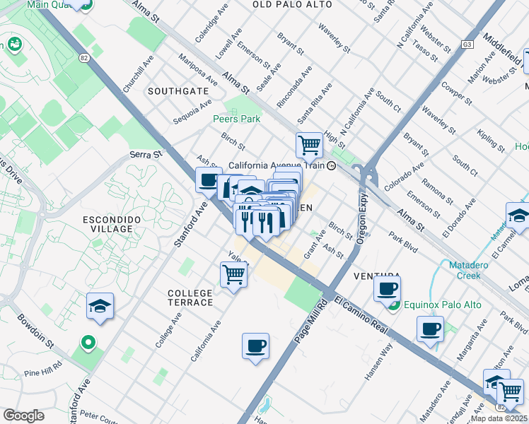 map of restaurants, bars, coffee shops, grocery stores, and more near 460 Cambridge Avenue in Palo Alto