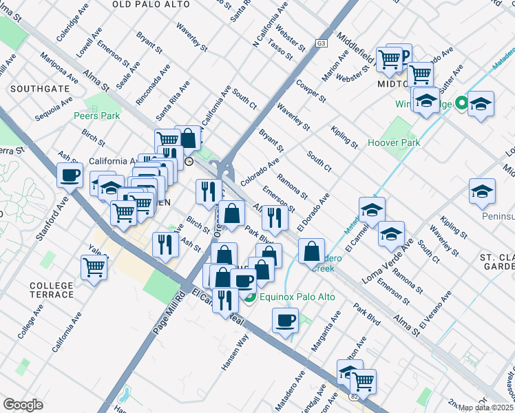map of restaurants, bars, coffee shops, grocery stores, and more near 2591 Alma Street in Palo Alto