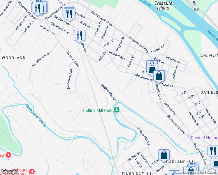 map of restaurants, bars, coffee shops, grocery stores, and more near 1600 Hollins Mill Road in Lynchburg