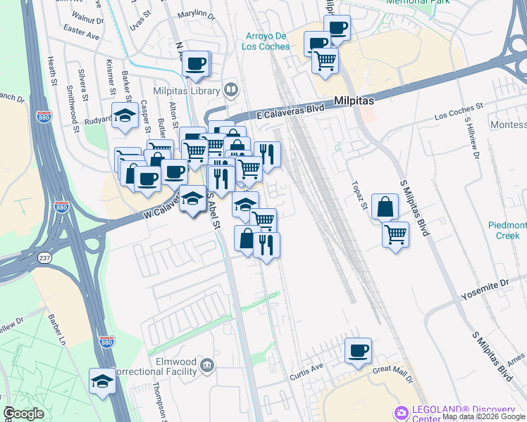 map of restaurants, bars, coffee shops, grocery stores, and more near 22 Sinnott Lane in Milpitas