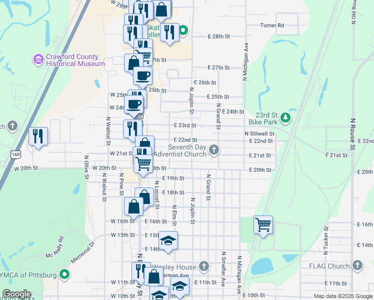 map of restaurants, bars, coffee shops, grocery stores, and more near 212 East 21st Street in Pittsburg