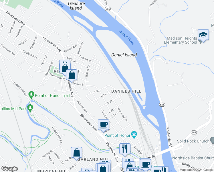 map of restaurants, bars, coffee shops, grocery stores, and more near 103 I Street in Lynchburg
