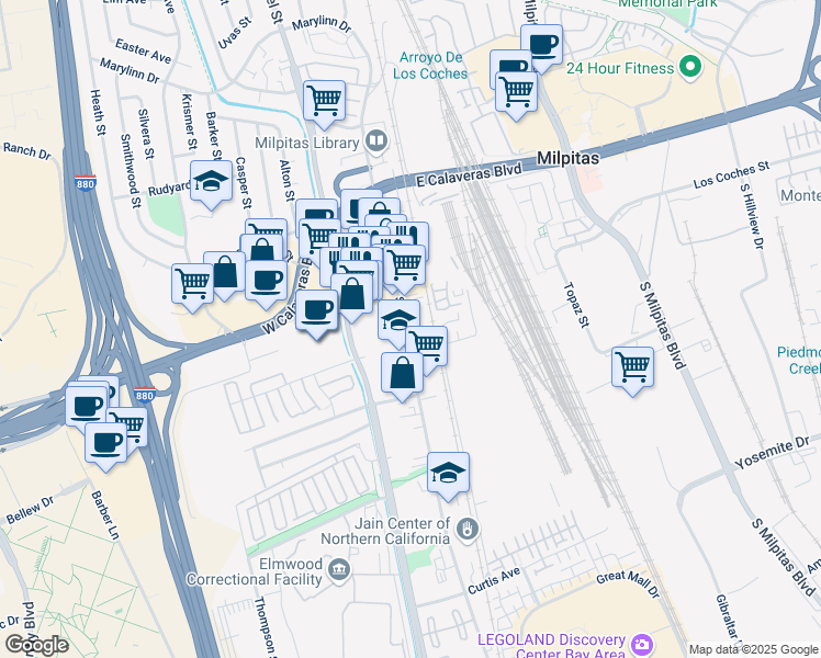 map of restaurants, bars, coffee shops, grocery stores, and more near 260 South Main Street in Milpitas