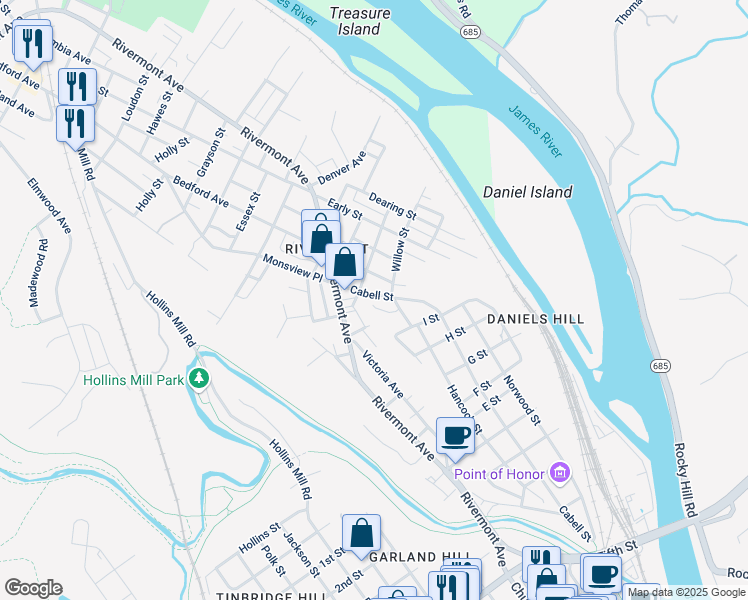map of restaurants, bars, coffee shops, grocery stores, and more near 1006 Randolph Street in Lynchburg