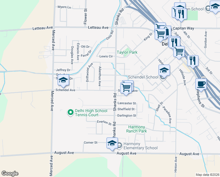 map of restaurants, bars, coffee shops, grocery stores, and more near 16571 Carob Court in Delhi