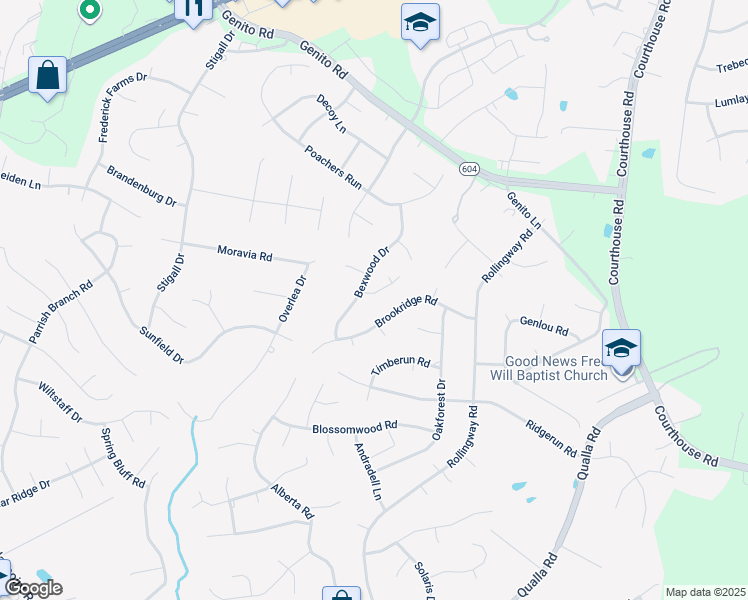 map of restaurants, bars, coffee shops, grocery stores, and more near 10625 Bexwood Court in Chesterfield