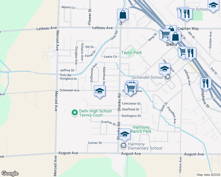 map of restaurants, bars, coffee shops, grocery stores, and more near 16571 Carob Court in Delhi