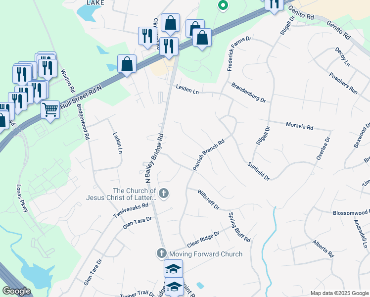 map of restaurants, bars, coffee shops, grocery stores, and more near 11633 Parrish Branch Circle in Midlothian