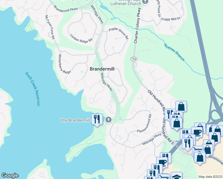 map of restaurants, bars, coffee shops, grocery stores, and more near Millridge Parkway in Midlothian