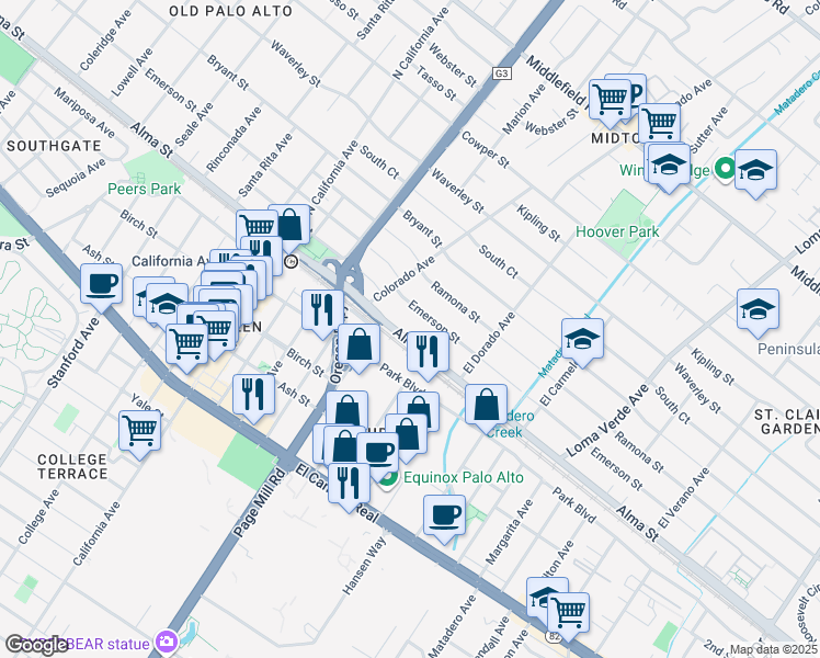 map of restaurants, bars, coffee shops, grocery stores, and more near 2901 Park Boulevard in Palo Alto