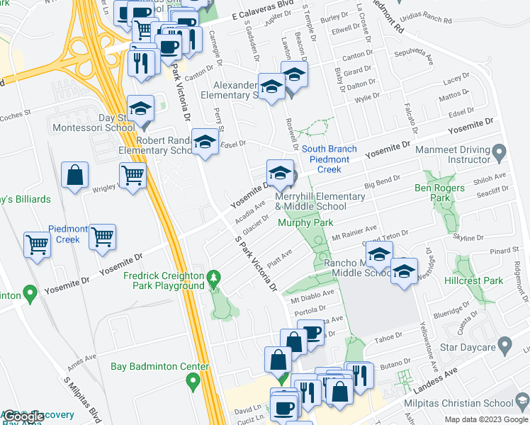 map of restaurants, bars, coffee shops, grocery stores, and more near 1411 Glacier Drive in Milpitas