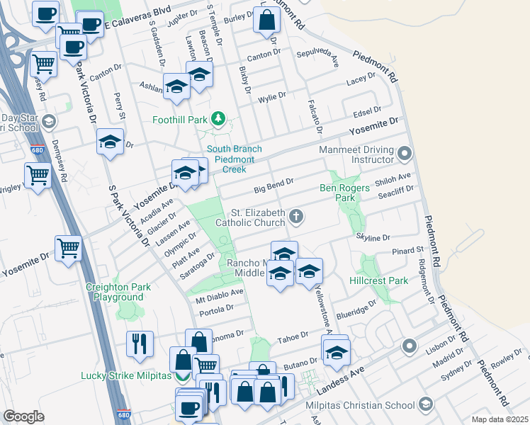 map of restaurants, bars, coffee shops, grocery stores, and more near 1759 Mount Rainier Avenue in Milpitas