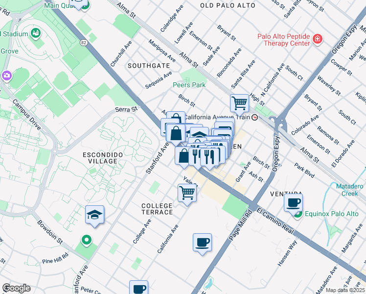 map of restaurants, bars, coffee shops, grocery stores, and more near 2180 California 82 in Palo Alto
