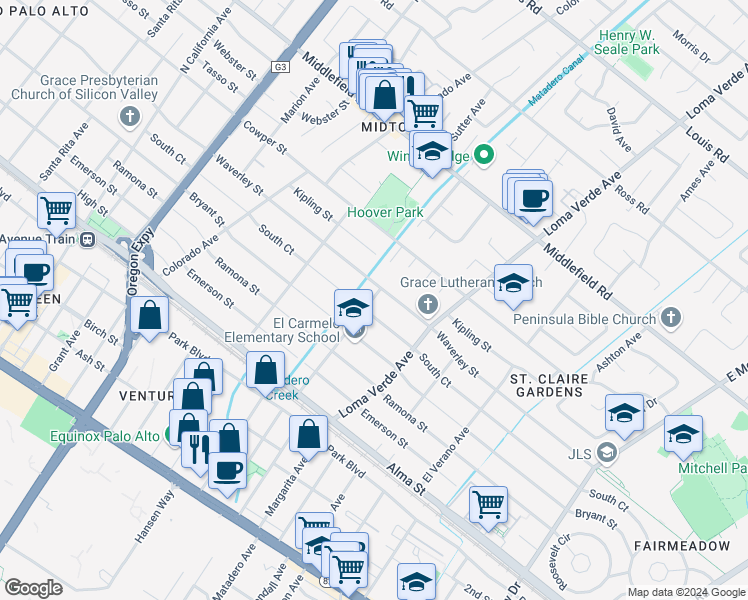 map of restaurants, bars, coffee shops, grocery stores, and more near 3000 South Court in Palo Alto