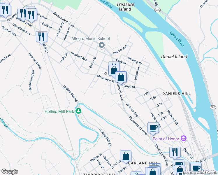 map of restaurants, bars, coffee shops, grocery stores, and more near 801 Graham Street in Lynchburg